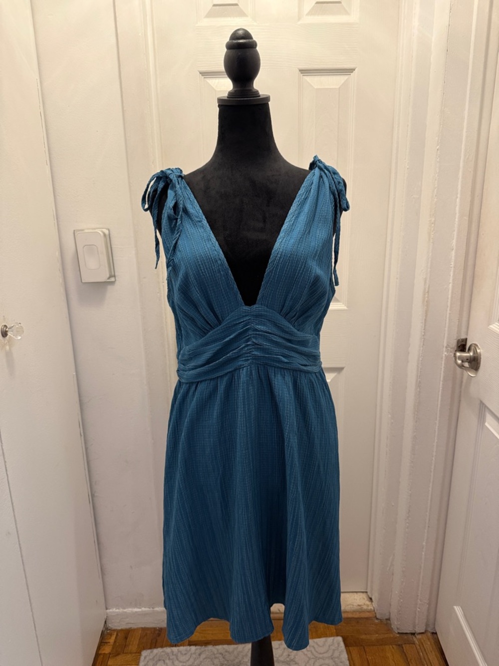 SHEIN Teal Blue Deep V Mini Dress with Tie Shoulders